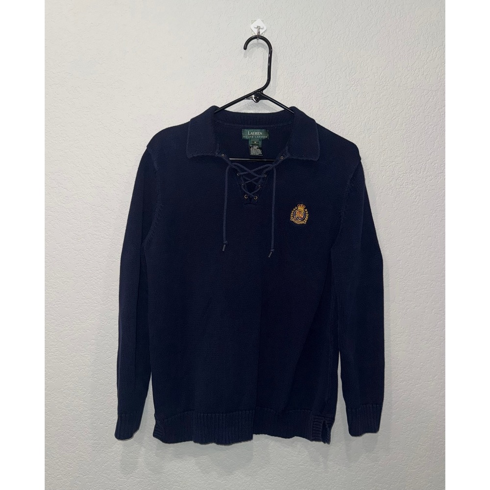 Vintage 90s Lauren Ralph Lauren Cotton Knit Lace Up Crest Sweater Navy Mens M